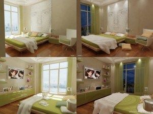 dormitorio verde y beige