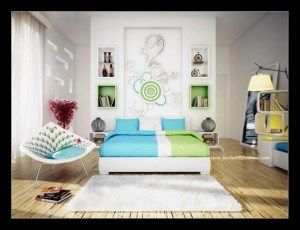 dormitorio verde y turquesa