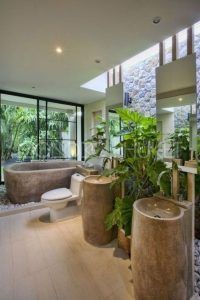 baño grande con plantas y piedras estilo zen