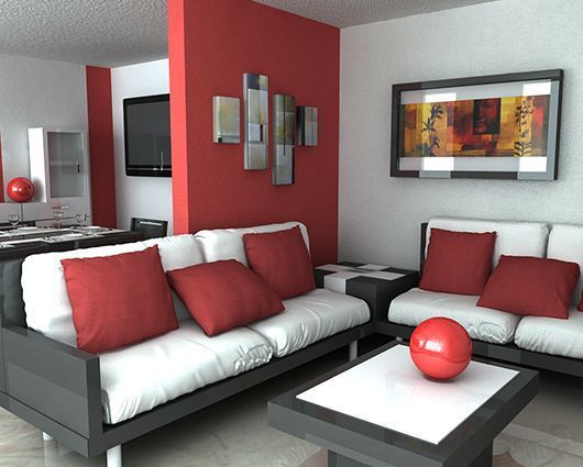 sala de estar con pared roja