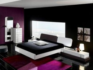 dormitorio blanco y negros con detalles en morado