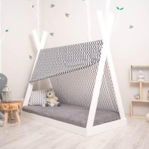 Cama estilo montessori para bebes en gris y blanco