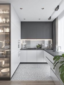 Cocina con muebles blanco y grises