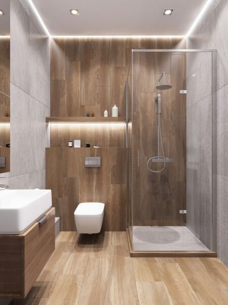 baño con creamicas rectangulares verticales - Casa Web