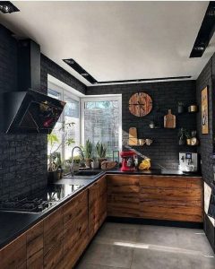 cocina pequeña rustica negra y madera