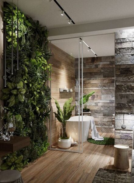 baños con piedra madera y plantas