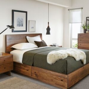 cama rustica de madera con cajones