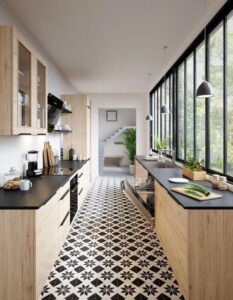 cocina moderna con piso vinilico en blanco y negro