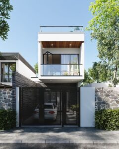 casa de dos planta pequena con fachada minimalista